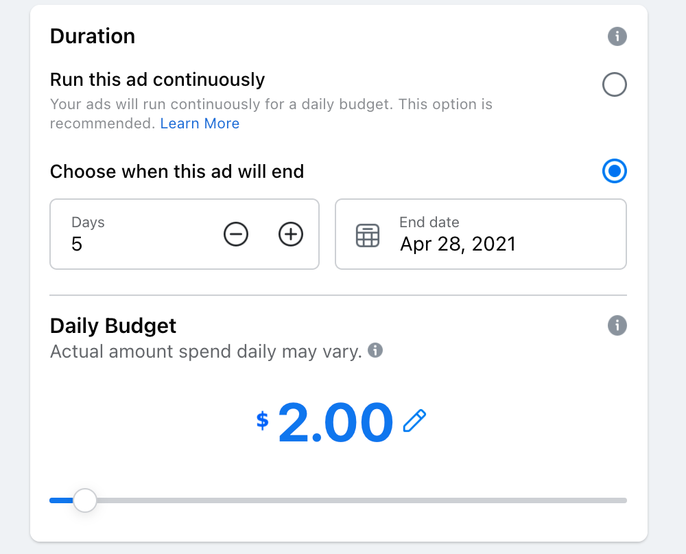 Configuraci&oacute;n de la duraci&oacute;n del anuncio con 2 $ como presupuesto diario