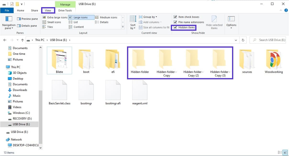 Elementos ocultos que se muestran en la unidad USB.