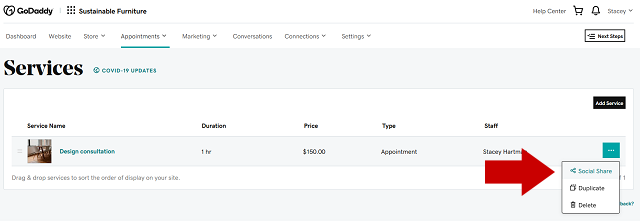 Novedades en sitios web + comercio electrónico de marketing Compartir servicios desde la página Citas