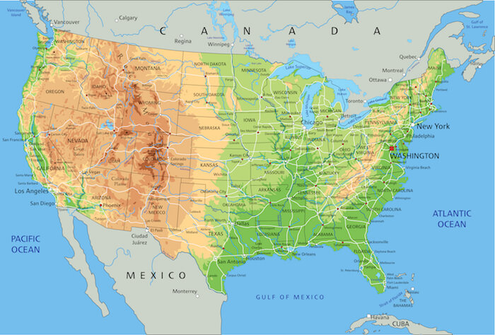 Mapa f&iacute;sico de Estados Unidos