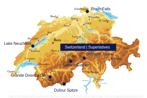 Mapa de Suiza con geo superlativos: imagen de mapa de Serban Bogdan / shutterstock.com Mapa de Suiza con geo superlativos: imagen de mapa de Serban Bogdan / shutterstock.com