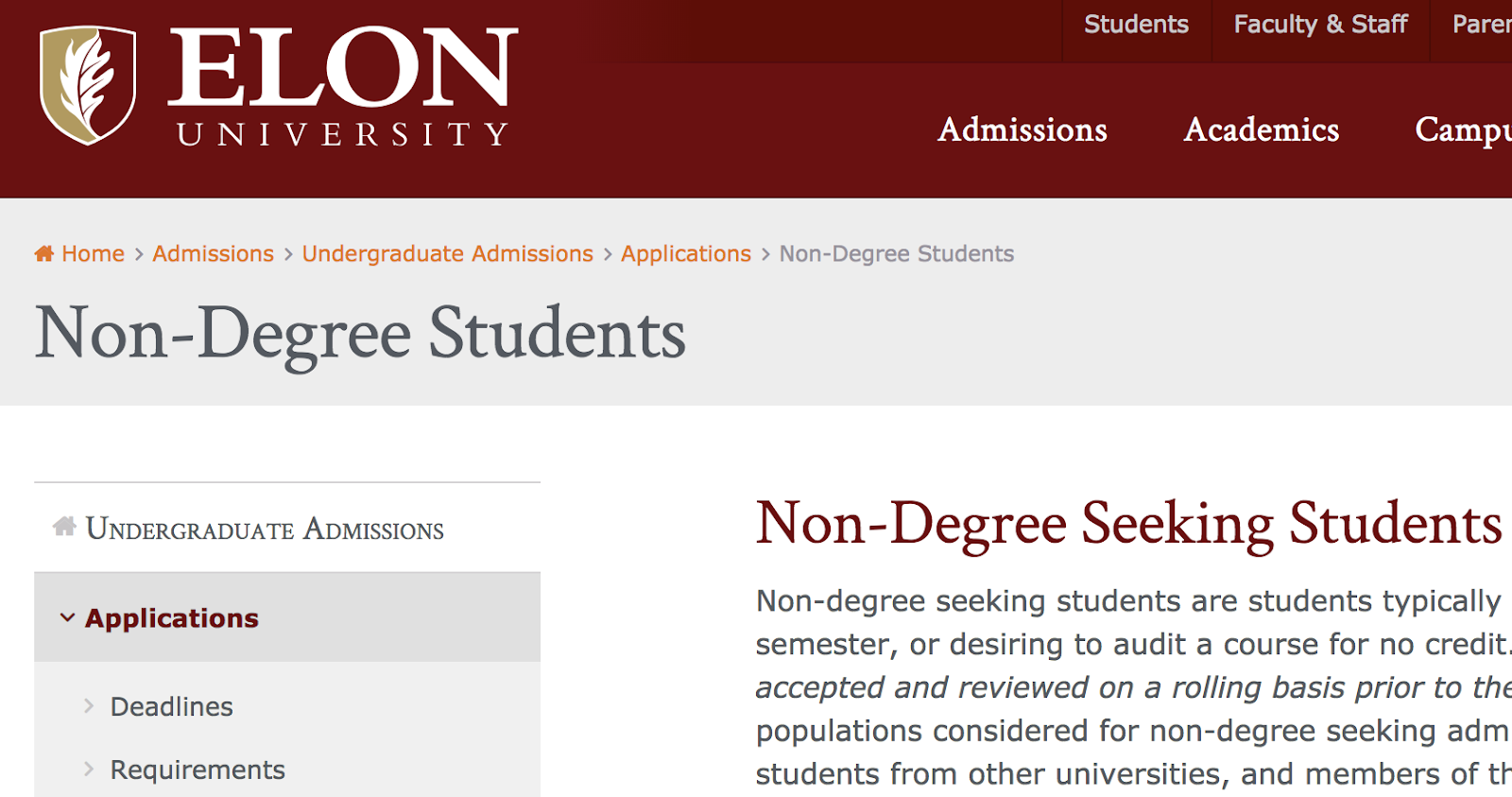 un ejemplo de navegaci&oacute;n de ruta de navegaci&oacute;n en el sitio web de la universidad de elon