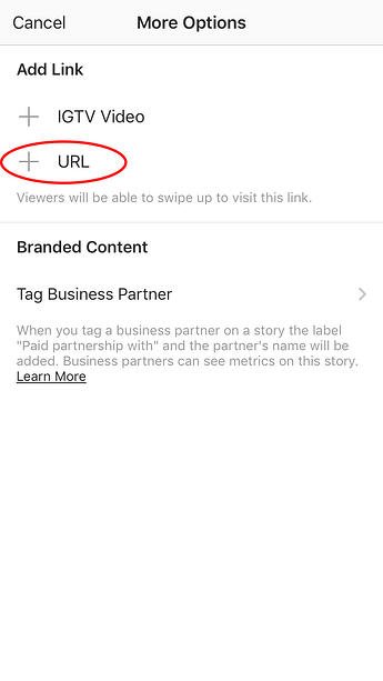 Agregar enlace a la historia de Instagram: haga clic en + URL