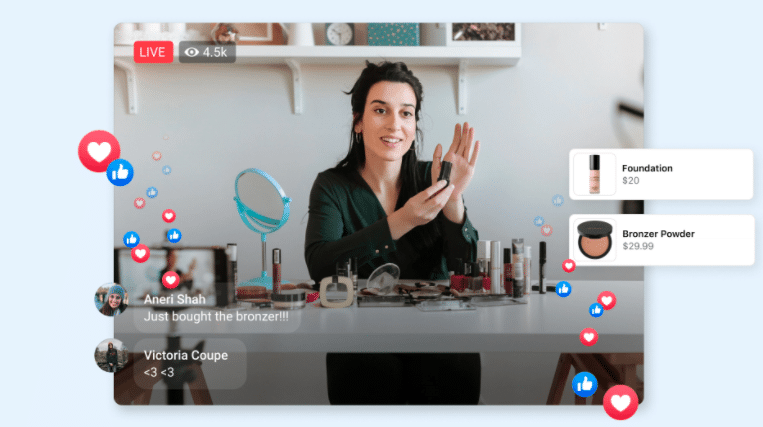 Cómo organizar un evento virtual exitoso: 10 consejos Transmisión en vivo de compras con anfitrión presentando productos de maquillaje.