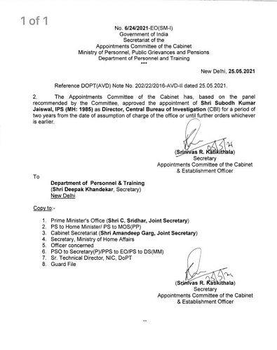 Orden de nombramiento de Subodh Kumar Jaiswal como director de CBI (2021)