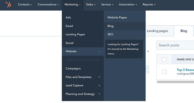 Cómo crear un sitio web: 2 métodos, 9 sencillos pasos y 35 increíbles consejos Menú desplegable en CMS Hub que conduce al "Blog" opción