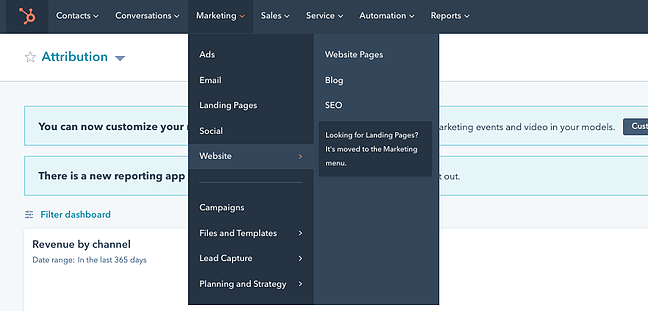 Cómo crear un sitio web: 2 métodos, 9 sencillos pasos y 35 increíbles consejos Menú desplegable en el panel de HubSpot que conduce a las páginas del sitio web