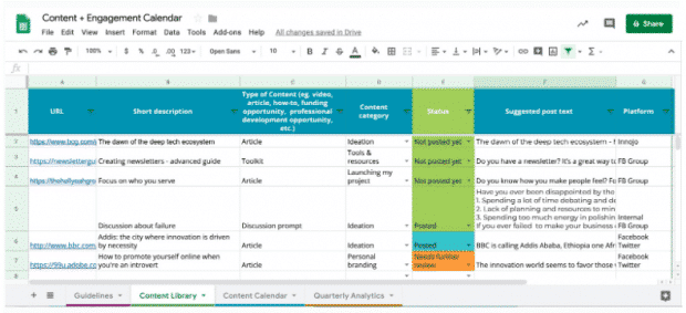 calendario de contenido de redes sociales por DOT, pesta&ntilde;a de biblioteca de contenido