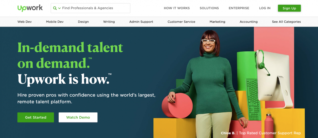 Tipos de modelos de negocio de comercio electrónico con ejemplos Captura de pantalla de la página de inicio de Upwork