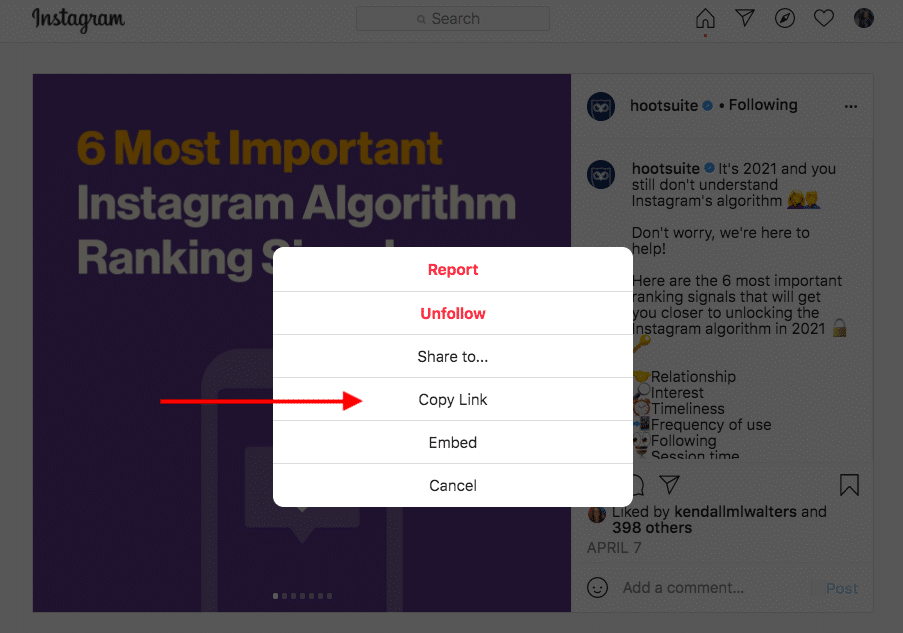copiar enlace en Instagram