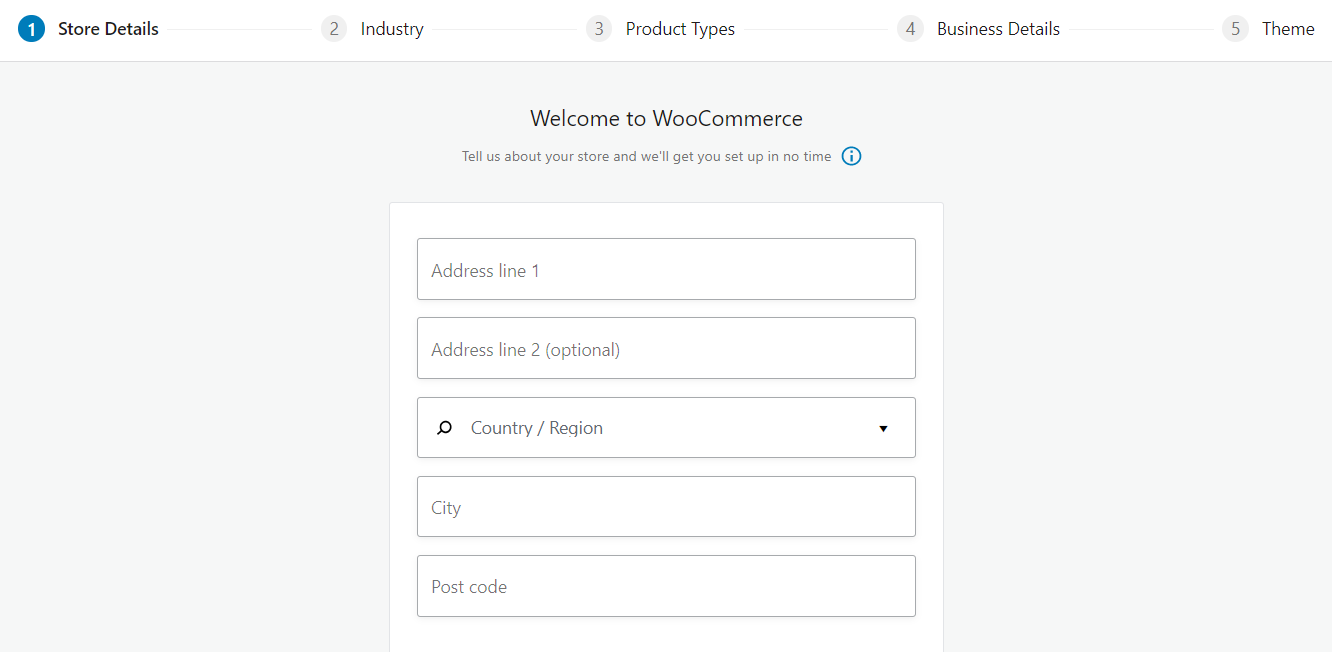 Cómo iniciar un negocio de dropshipping en 2021: una guía completa La imagen muestra el asistente de configuración de WooCommerce