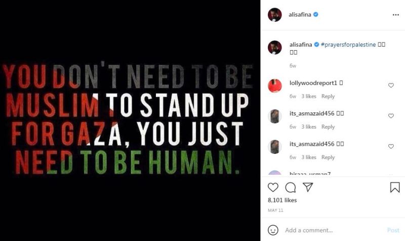 Publicaci&oacute;n de Instagram de Ali Safina en apoyo de Palestina