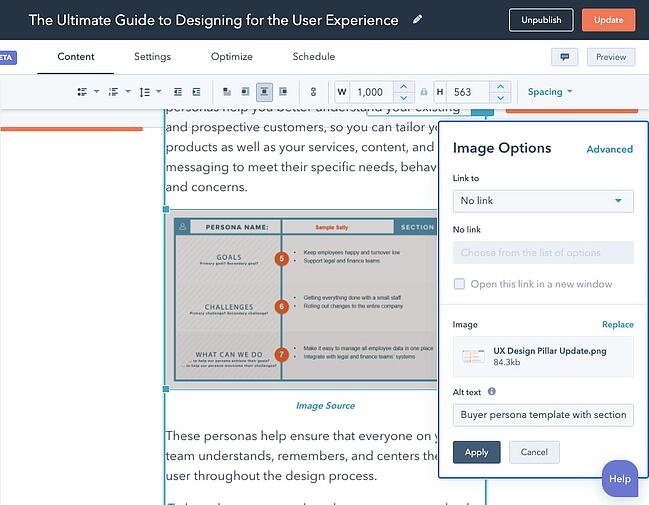 Campo de texto alternativo dentro de la ventana emergente Optimizaci&oacute;n de imagen en el Editor de contenido de CMS Hubs