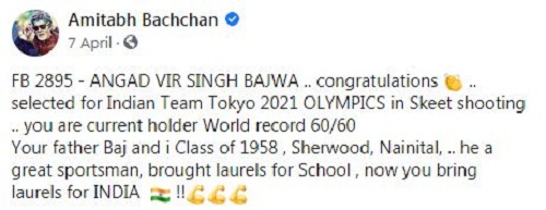 Publicaci&oacute;n de Amitabh Bachchan en Facebook para Angad Vir Singh Bajwa