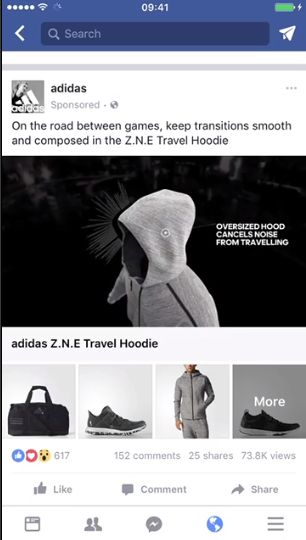 Captura de pantalla de un anuncio de colecci&oacute;n de feeds de Facebook