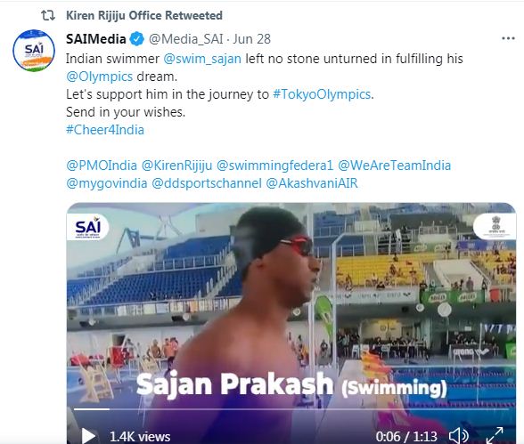 Tuit del ministro de Deportes de la India para Sajan Prakash