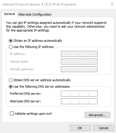 Captura de pantalla de las propiedades del Protocolo de Internet versión 4