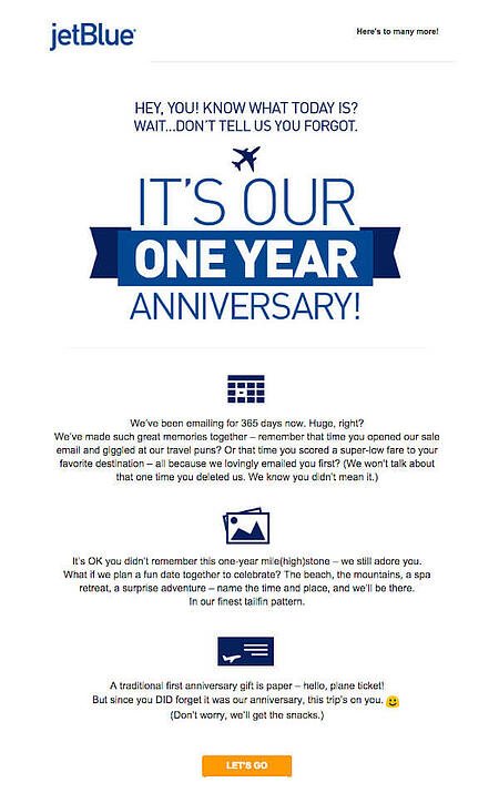 Ejemplo de campa&ntilde;a de marketing por correo electr&oacute;nico: JetBlue - "Es nuestro primer aniversario"