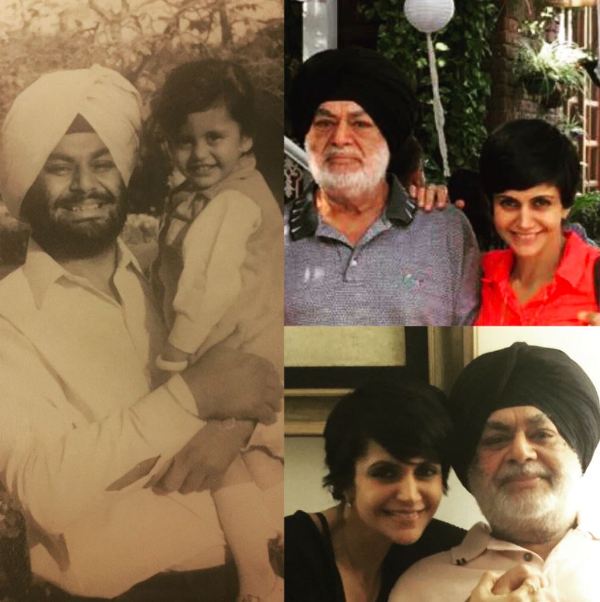 Un collage de Mandira Bedi y su padre