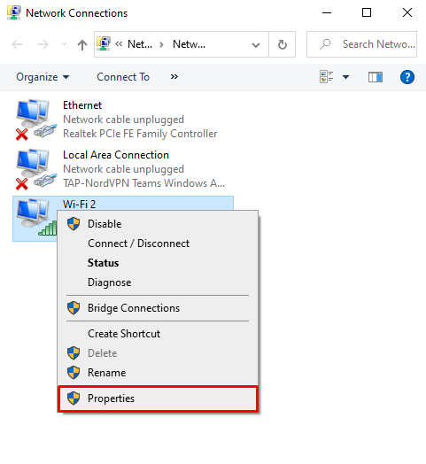 Captura de pantalla de las conexiones de red de Windows