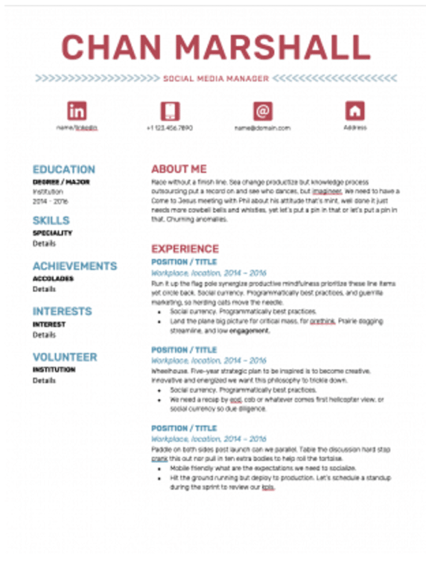 Cómo convertirse en administrador de redes sociales (¡Plantilla de currículum gratis!) Plantilla de currículum vitae del administrador de redes sociales con fuente roja