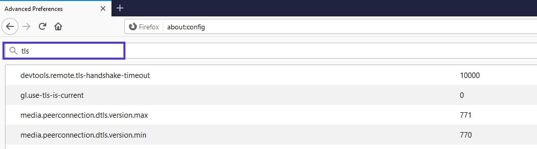 La barra de b&uacute;squeda de la pantalla de Preferencias avanzadas de Firefox.