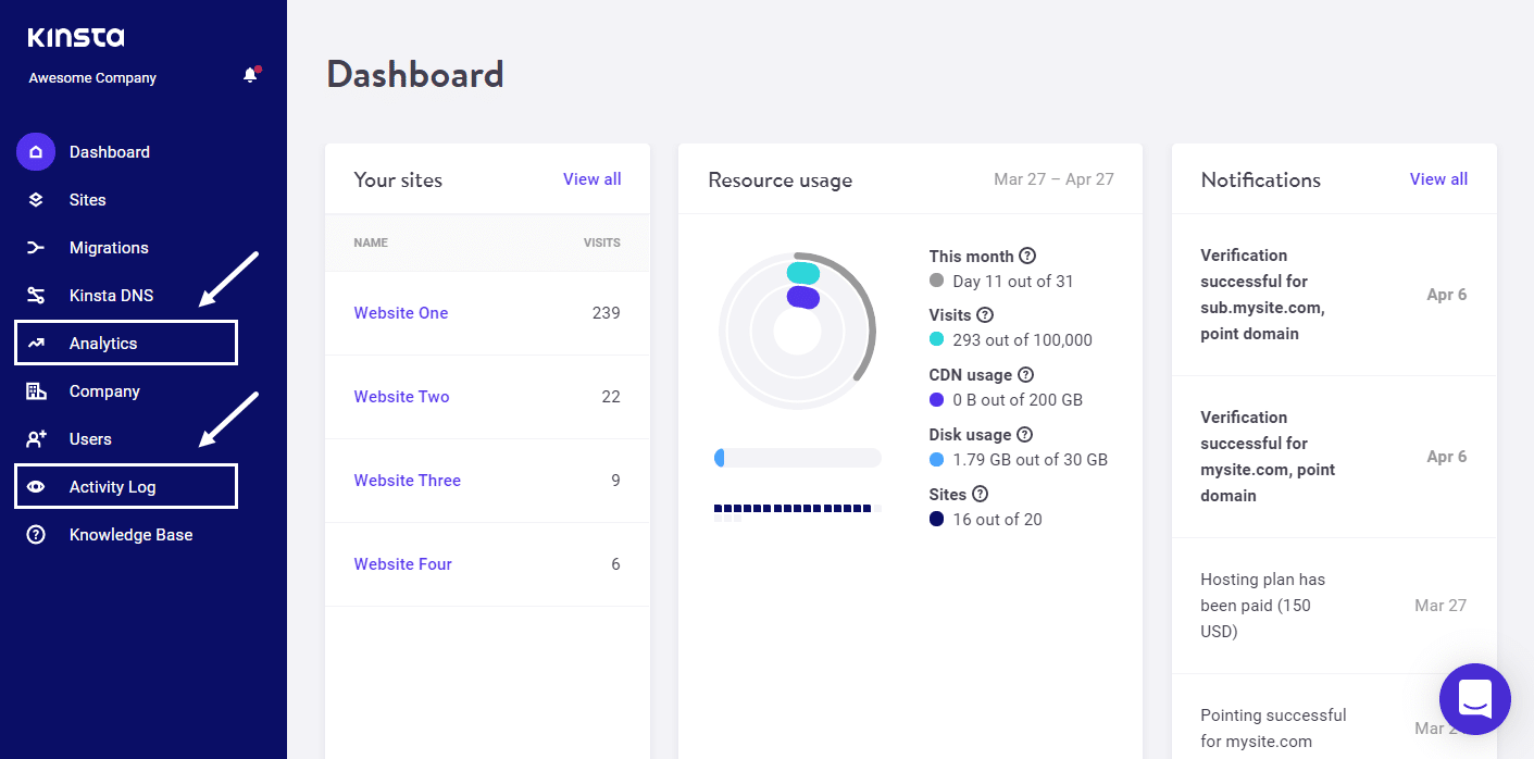 Los elementos del men&uacute; An&aacute;lisis y registro de actividad en MyKinsta.