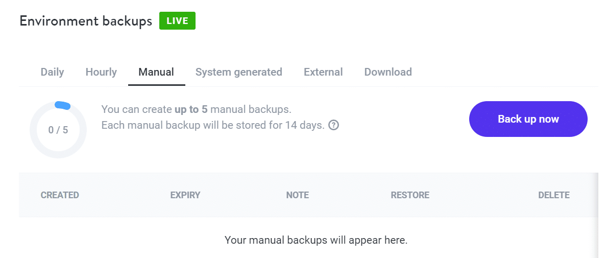 Creando una copia de seguridad manual usando Kinsta.