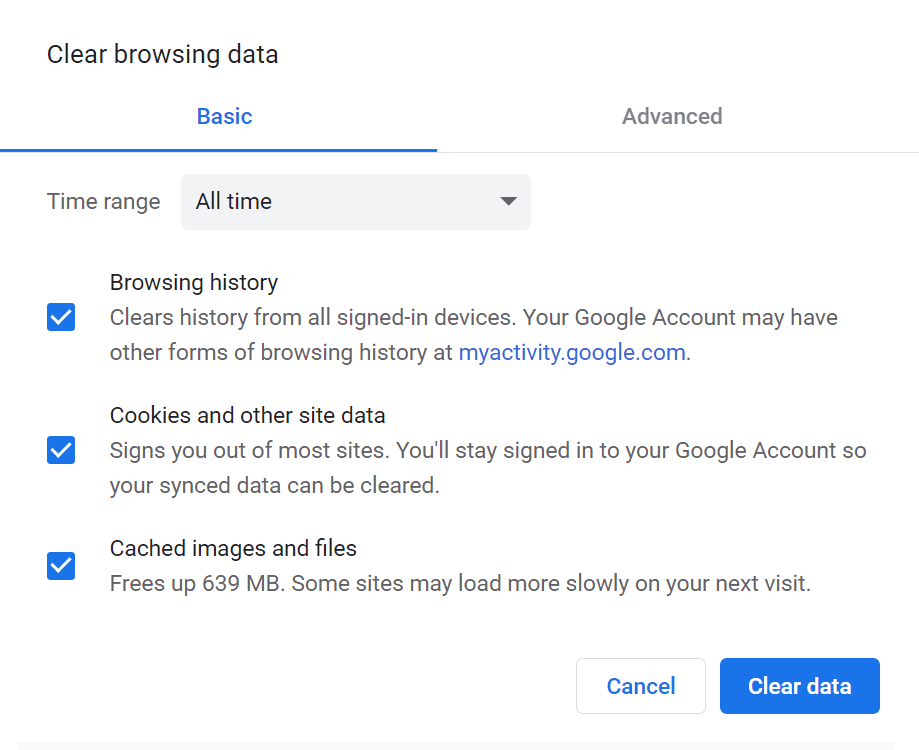 El proceso de borrado de cach&eacute; de Chrome, con los tres elementos marcados y el per&iacute;odo de tiempo establecido en 