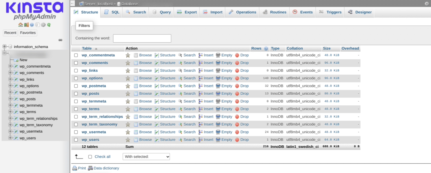 Tablas de base de datos de WordPress en phpMyAdmin.