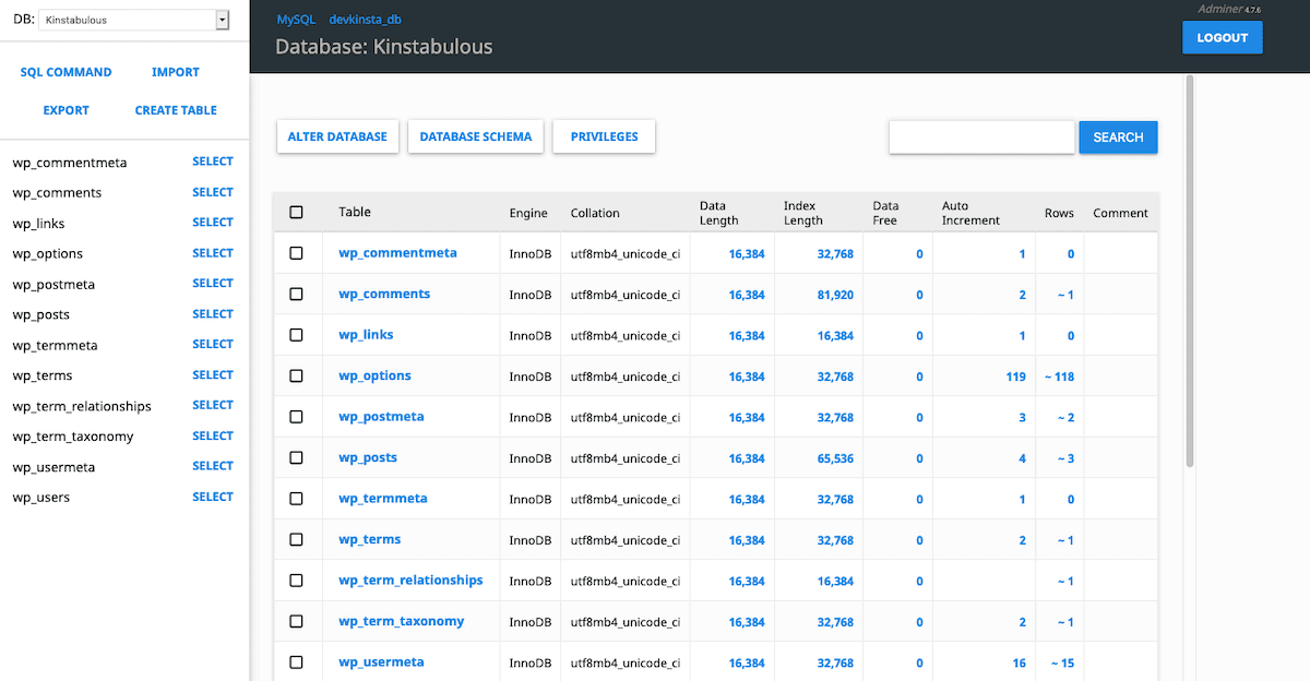 El administrador de bases de datos de DevKinsta.