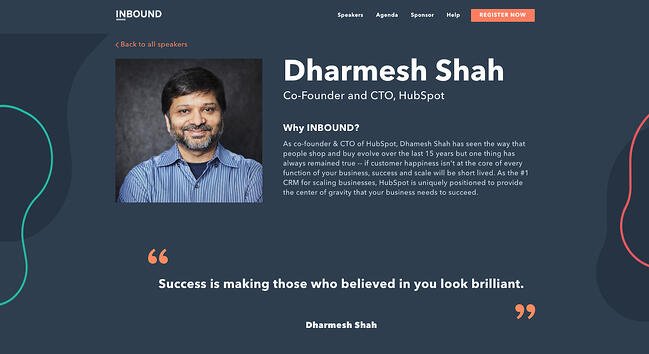 Antecedentes profesionales de Darmesh Shah en el sitio web de INBOUND