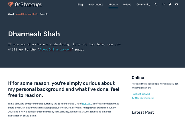 La experiencia profesional de Darmesh Shah en OnStartups