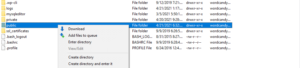 Descargando un directorio ra&iacute;z de WordPress.