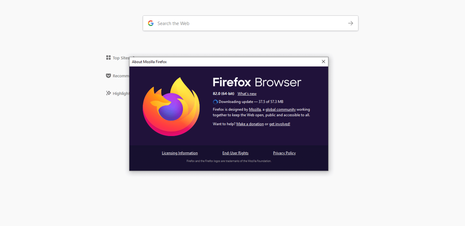 La ventana del navegador Firefox que notifica al usuario que se est&aacute;n descargando actualizaciones.