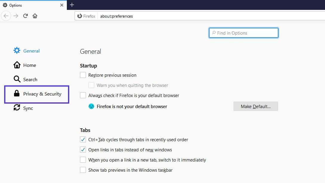 La opci&oacute;n de men&uacute; Privacidad y seguridad en la configuraci&oacute;n de Firefox.