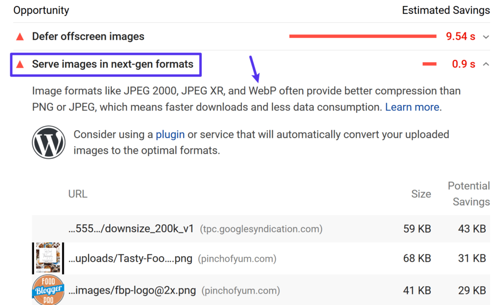 Google PageSpeed ​​Insights sugiere el uso de im&aacute;genes WebP