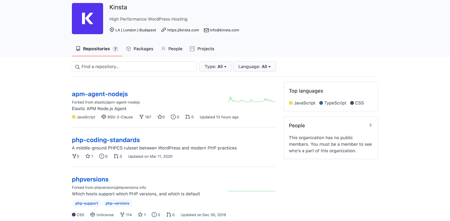 P&aacute;gina de GitHub de Kinsta.