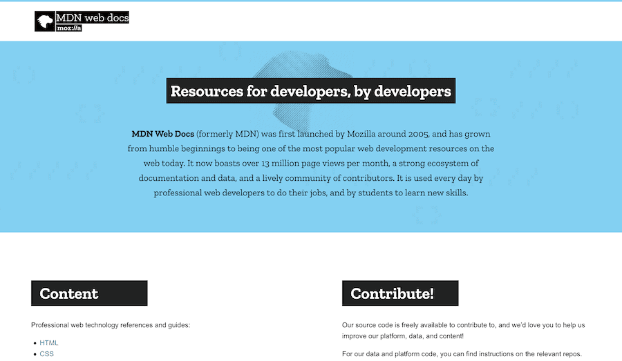 La p&aacute;gina de inicio de MDN Web Docs.