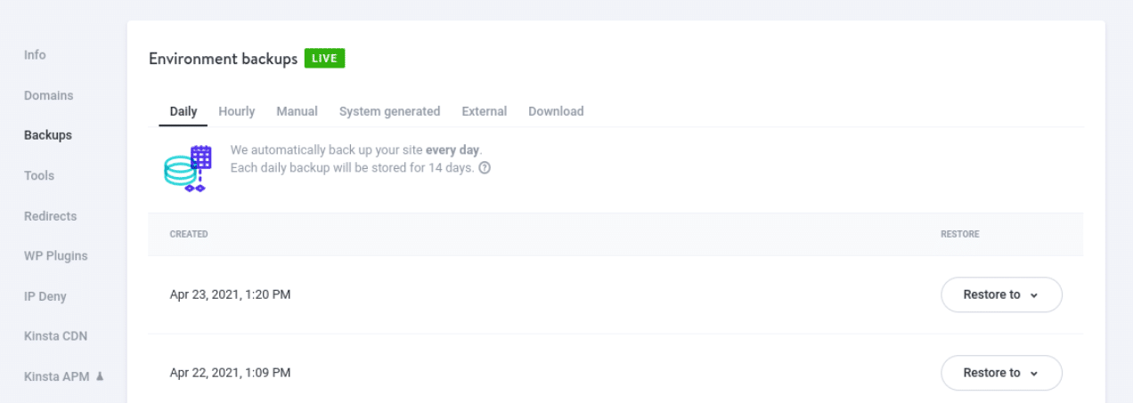 Una descripci&oacute;n general de las copias de seguridad de MyKinsta.