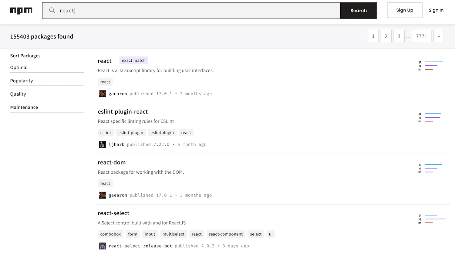 Una b&uacute;squeda realizada dentro de npm.