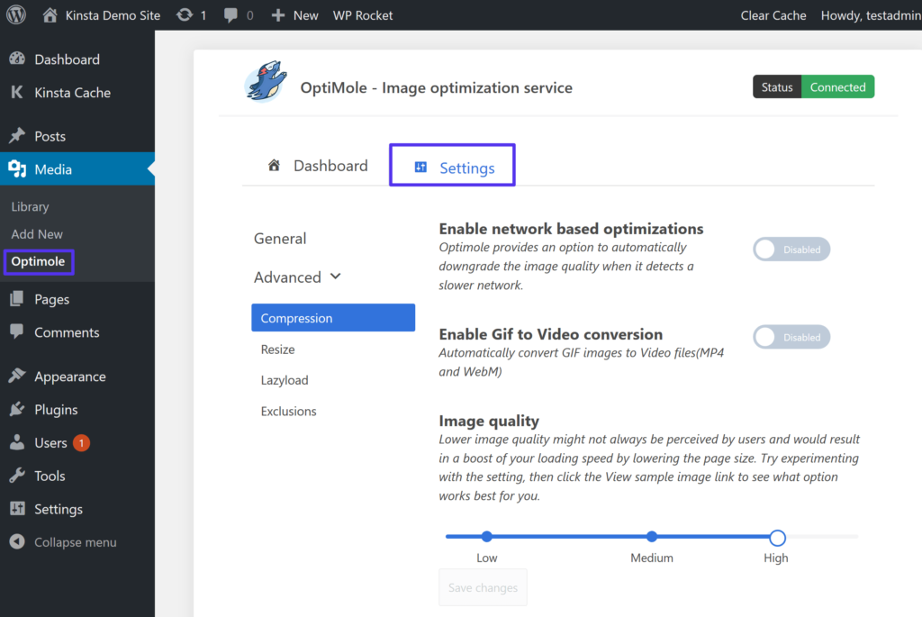 El &aacute;rea de configuraci&oacute;n de Optimole: las im&aacute;genes de WordPress WebP est&aacute;n habilitadas de forma predeterminada
