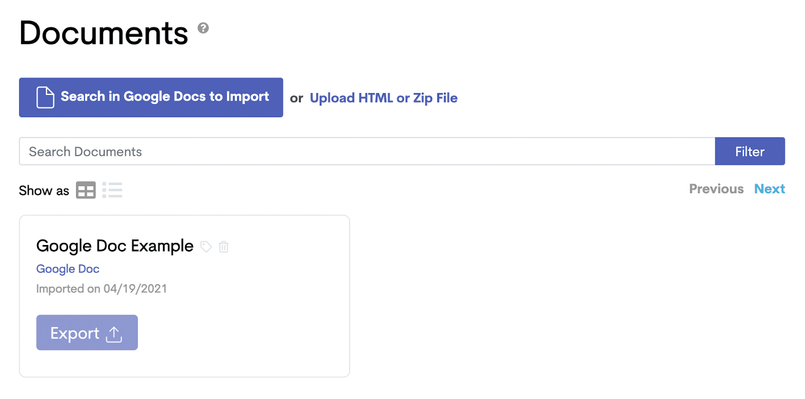 Panel de control de documentos en Wordable.
