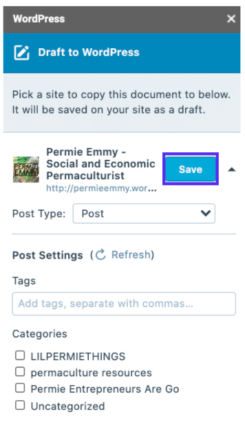 Guarde el borrador de WordPress de Google Docs.