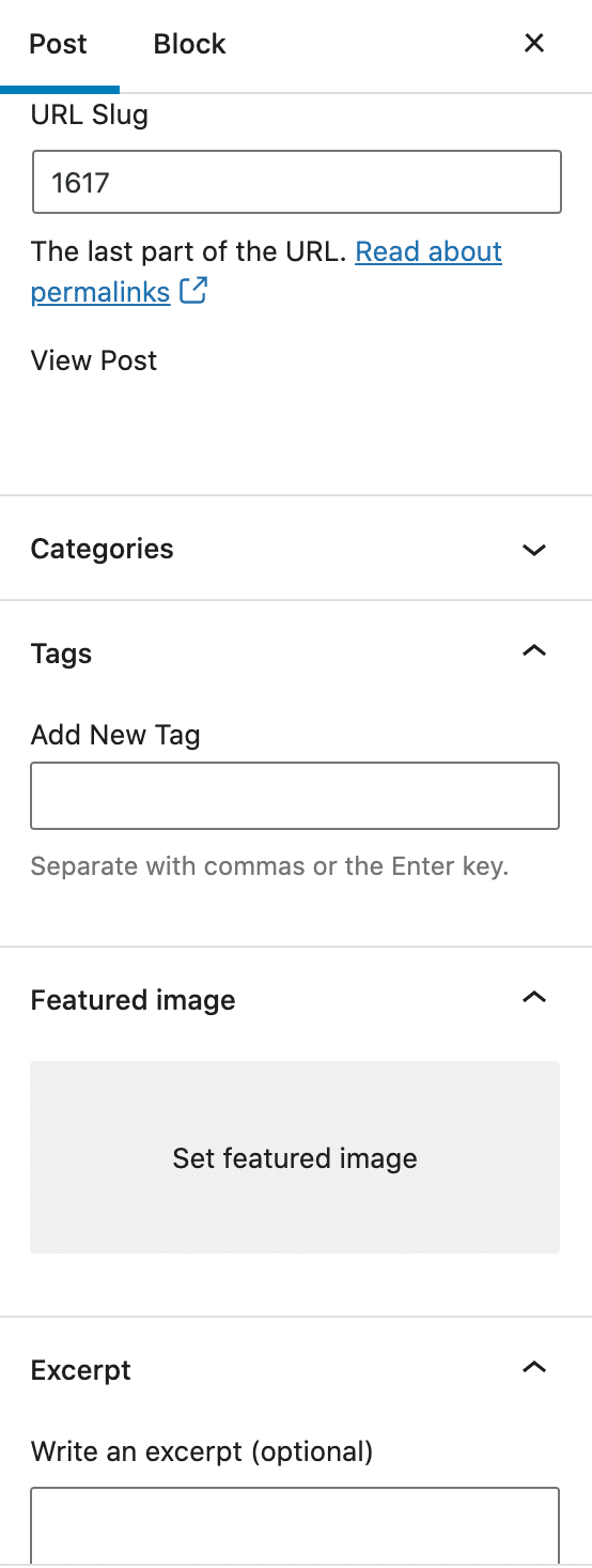 Secci&oacute;n de metadatos en Gutenberg Editor.