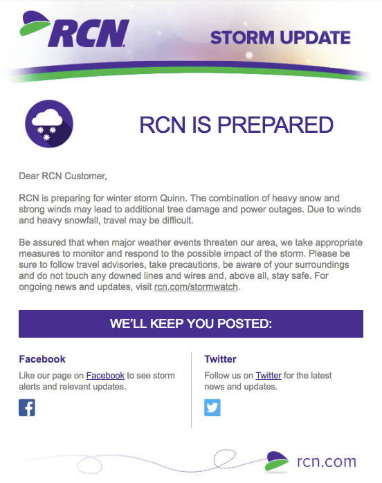 Ejemplo de marketing por correo electr&oacute;nico: RCN - "RCN se prepara para la tormenta invernal Quinn"