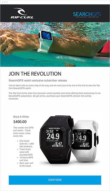 Ejemplo de campa&ntilde;a de marketing por correo electr&oacute;nico: Ripcurl - "&Uacute;nete a la revoluci&oacute;n"