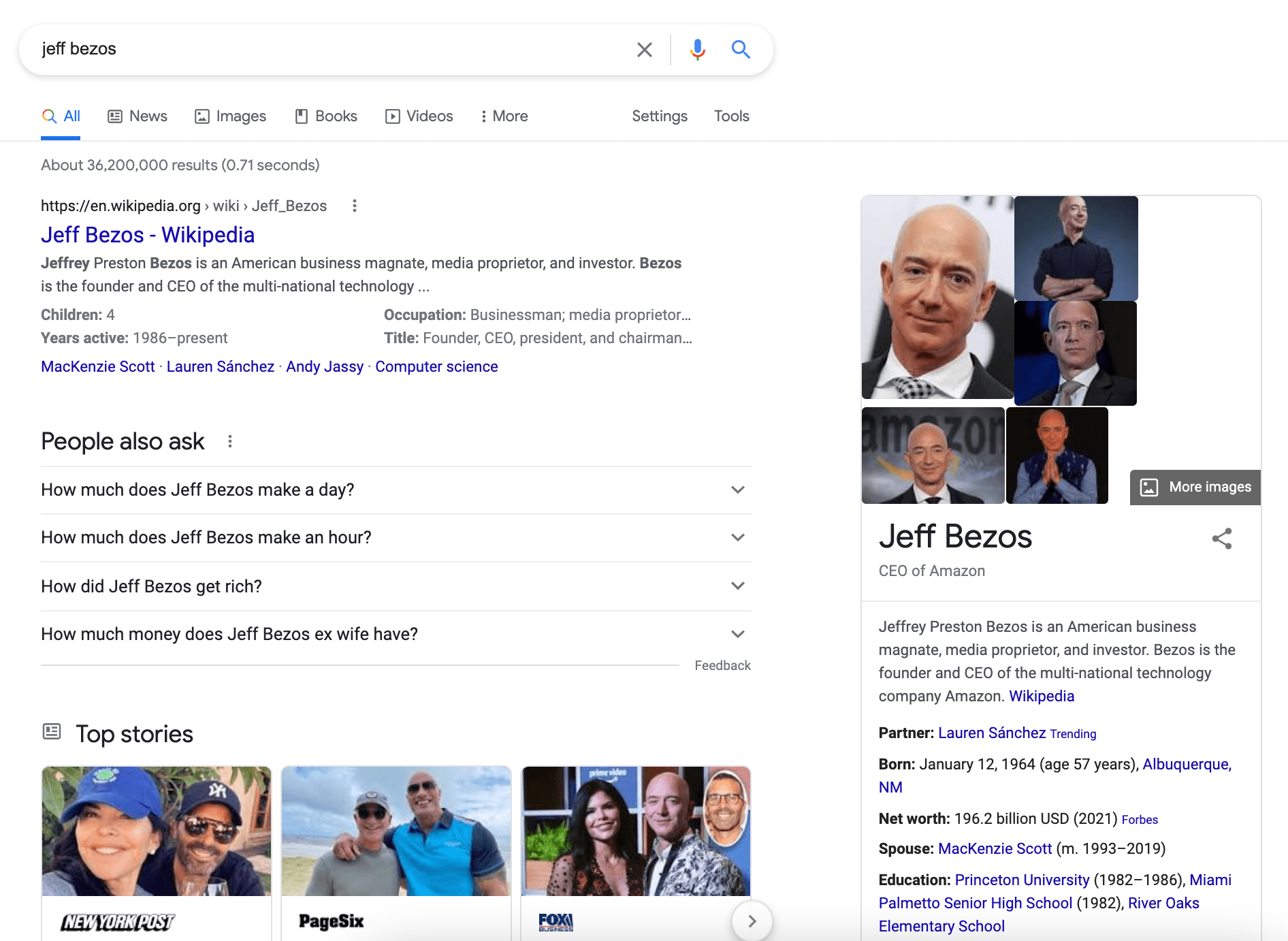 ¿Qué es exactamente la búsqueda semántica (y cómo afecta al SEO)? resultados de búsqueda para el término de búsqueda jeff bezos como ejemplo de búsqueda semántica