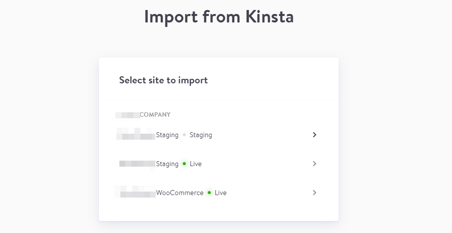 Seleccione qu&eacute; sitio web de Kinsta importar.