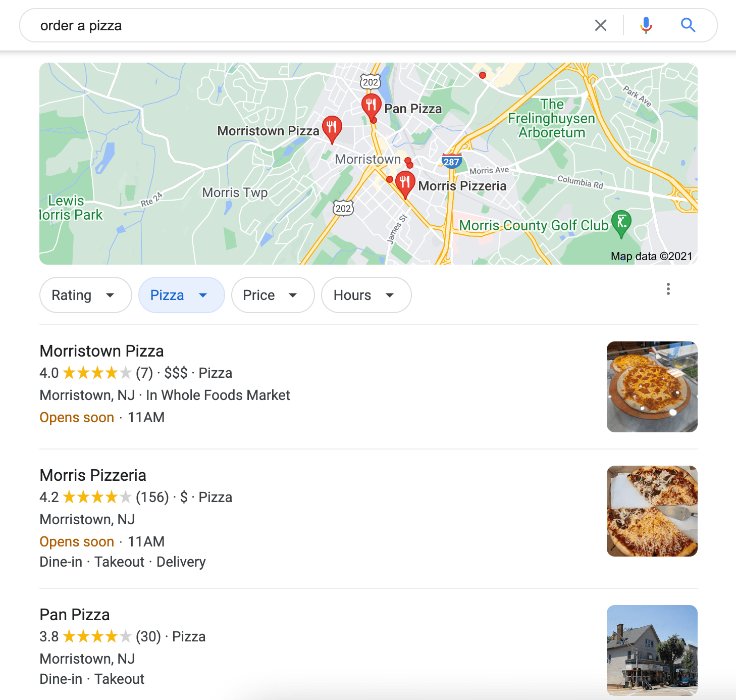 ¿Qué es exactamente la búsqueda semántica (y cómo afecta al SEO)? mostrar pizzerías locales en consultas de búsqueda para el término de búsqueda pedir una pizza